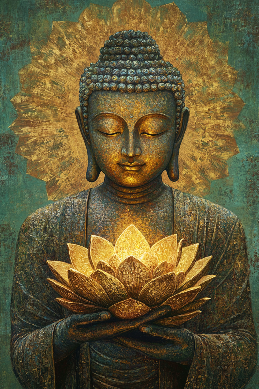 Buddha Holding A Golden Lotus | Digital Artwork