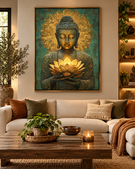 Buddha Holding A Golden Lotus | Digital Artwork