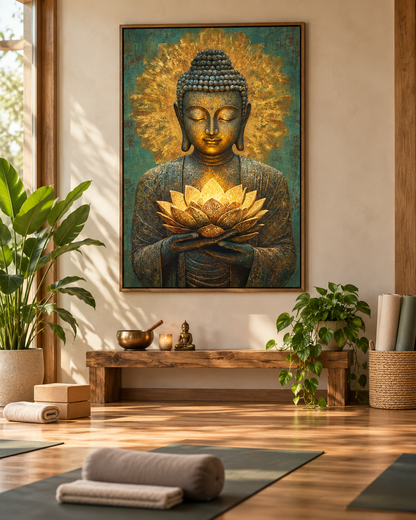 Buddha Holding A Golden Lotus | Digital Artwork