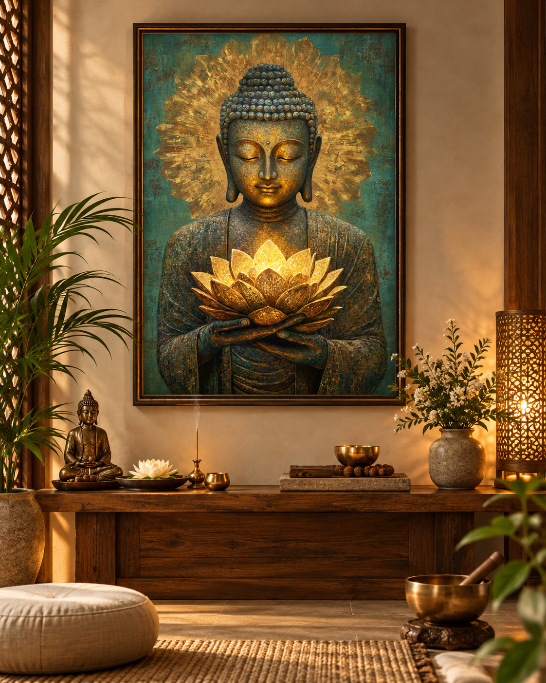 Buddha Holding A Golden Lotus | Digital Artwork