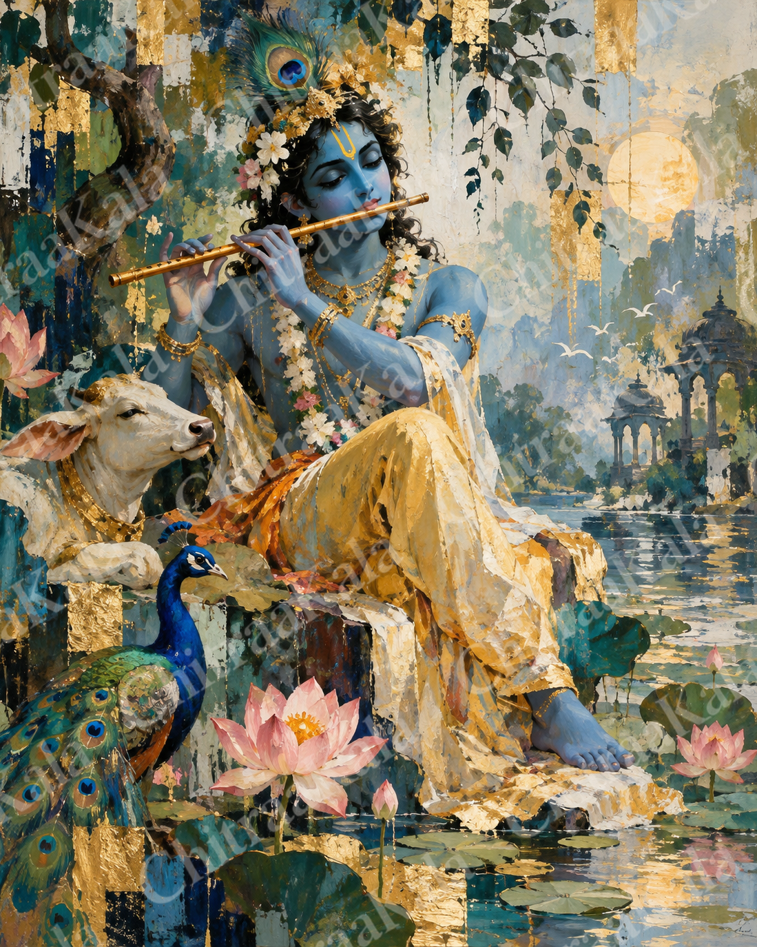 Lord Krishna by Lotus Pond | Digital artwork