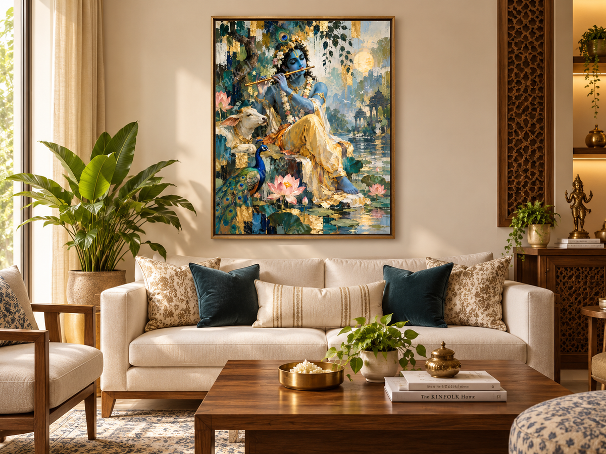 Lord Krishna by Lotus Pond | Digital artwork
