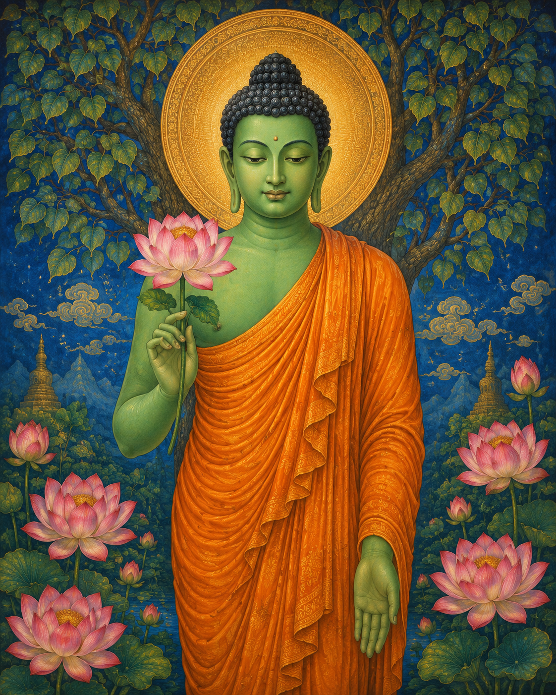 Buddha holding a pink lotus beneath a Bodhi tree with a golden halo